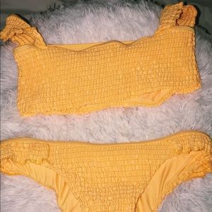 off shoulder ruffle smocked bikini